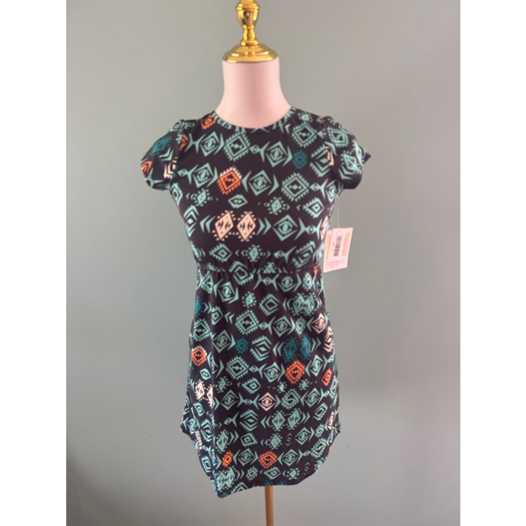 Girls LuLaRoe Mae Dress Size 12 Black Turquoise Geometric Print - Picture 1 of 5